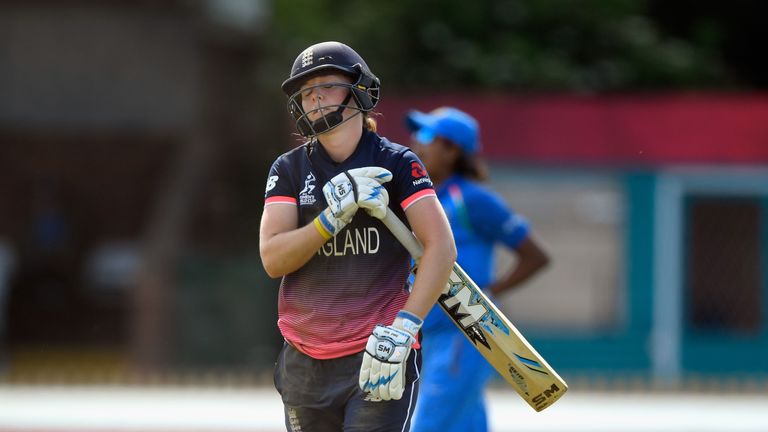 DERBY, ENGLAND - JUNE 24:  England batsman Heather Knight reacts after being  run out during the ICC Women's World Cup 2017 match between England and India
