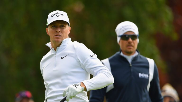 Alex Noren of Sweden and Henrik Stenson of Sweden look on from the tee during day one of the Nordea Masters at Barseback