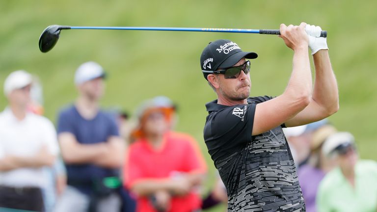 Henrik Stenson plays his shot from the first tee during a practice round prior to the 2017 US Open