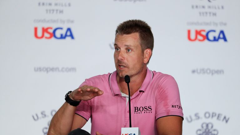 HARTFORD, WI - JUNE 12:  Henrik Stenson of Sweden speaks to the media during a practice round prior to the 2017 U.S. Open at Erin Hills on June 12, 2017 in