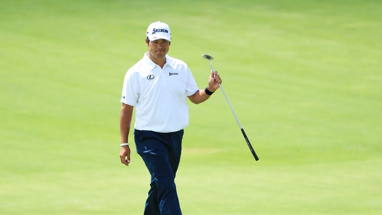 HARTFORD, WI - JUNE 18:  Hideki Matsuyama of Japan reacts after making a birdie on the fifth green during the final round of the 2017 U.S. Open at Erin Hil