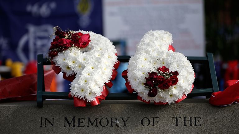 Tributes are placed at Sheffield Wednesday's Hillsborough stadium on April 26, 2016