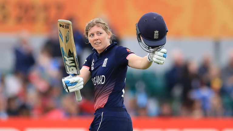 Heather Knight celebrates reaching 100 runs during the ICC Women's World Cup match at Grace Road
