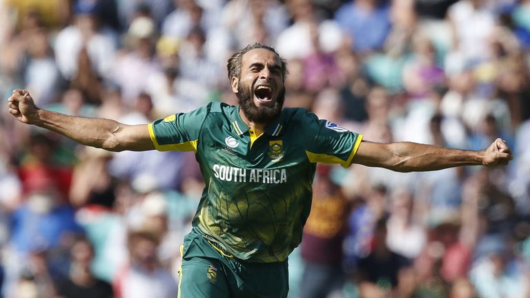 South Africas Imran Tahir celebrates taking the wicket of Chamara Kapugedera