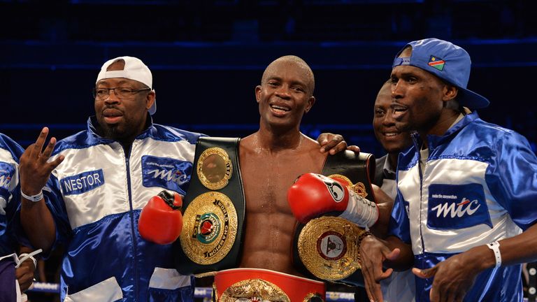 IBF/IBO Super-Lightweight World Champion Julius Indongo celebrates after beating WBA Super-Lightweight World Champion Ricky Burns