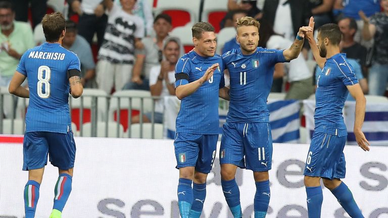 Italy's forward Ciro Immobile (2nd R) and striker Andrea Belotti (2nd L) celebrate after scoring a goal during a friendly football match Italy vs Uruguay a