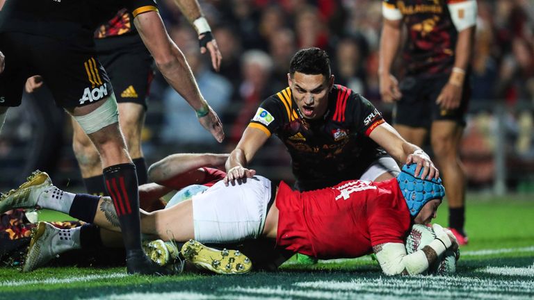 FMG Stadium Waikato, Hamilton, New Zealand 20/6/2017.Chiefs vs British & Irish Lions.Lions' Jack Nowell scores their first try.