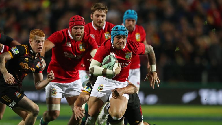 Jack Nowell of the Lions powers upfield against the Chiefs