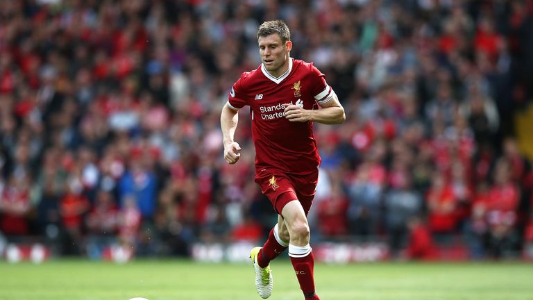 James Milnerin action during the Premier League match between Liverpool and Middlesbrough at Anfield on May 21, 2017