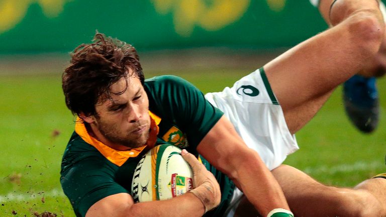 Jan Serfontein of South Africa scores a try during the International test match between South Africa and France at the Kingspark rugby stadium on June 17, 