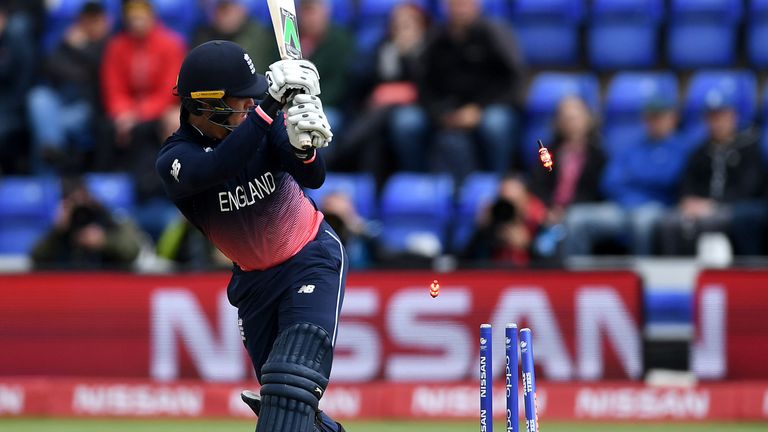 Jason Roy is bowled for 13 as he looks to hit Adam Milne leg-side