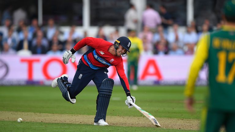 England batsman Jason Roy stops the ball from hitting the stumps whilst going back to his crease and is given out obstructed the field