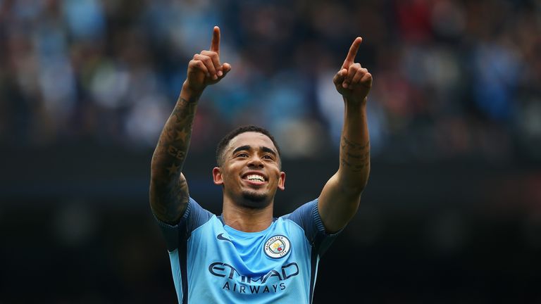 MANCHESTER, ENGLAND - MAY 13: Gabriel Jesus of Manchester City celebrates scoring his sides second goal the Premier League match between Manchester City an