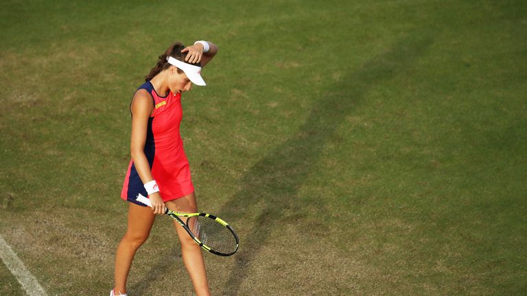 BIRMINGHAM, ENGLAND - JUNE 22:  Johanna Konta of Great Britain struggles in her match against Coco Vandeweghe of USA during day four of the Aegon Classic a