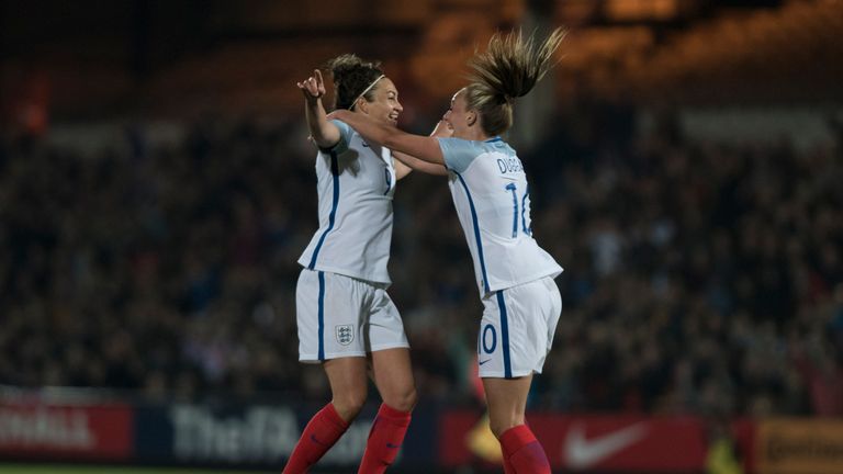 Jodie Taylor of England celebrates with Toni Duggan 