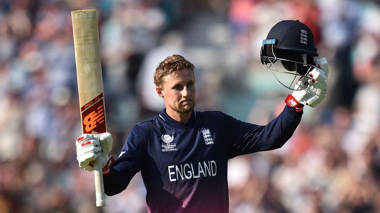 England's Joe Root celebrates reaching 100 during the ICC Champions trophy cricket match between England and Bangladesh at The Oval in London