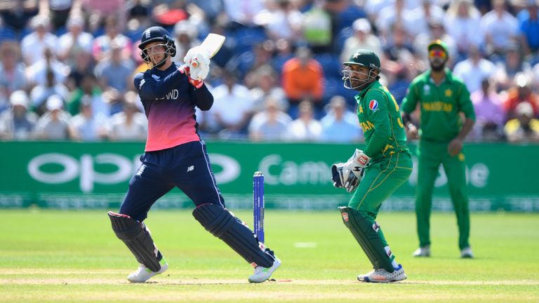 Joe Root hits out as Sarfraz Ahmed looks on