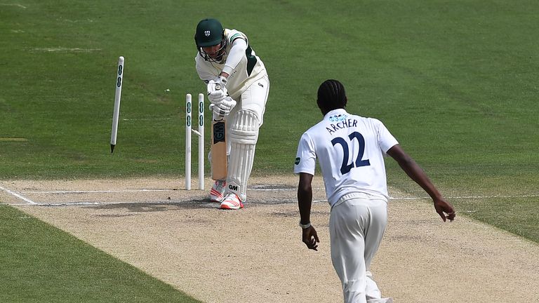 HJofra Archer of Sussex clean bowls Josh Tongue of Worcestershire during the fourth day of the Specsavers County Championship