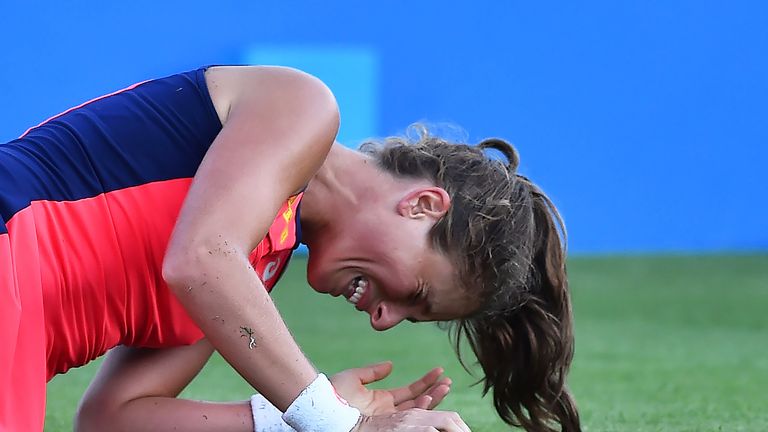 Johanna Konta slips, injuring her back, during her defeat of Angelique Kerber at the ATP Aegon International in Eastbourne