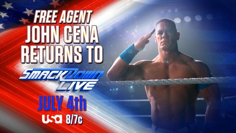 John Cena is being touted as a 'free agent' ahead of his return to WWE on July 4.