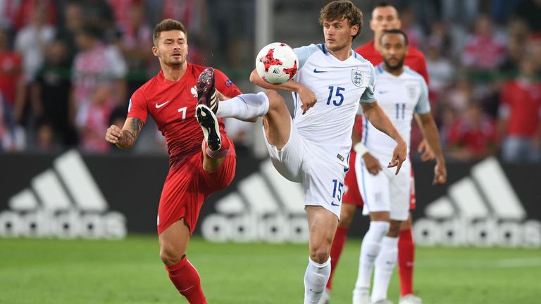 Poland's midfielder Karol Linetty (L) and England's midfielder John Swift (R) vie for the ball
