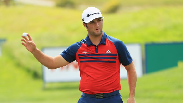 PARIS, FRANCE - JUNE 29:  Jon Rahm of Spain acknowledges the crowd on the 9th hole during day one of the HNA Open de France at Le Golf National on June 29,