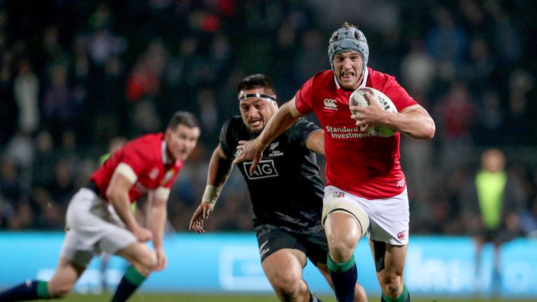 Rotorua, New Zealand 17/6/2017.Maori All Blacks vs British & Irish Lions.Lions' Jonathan Davies makes a break.