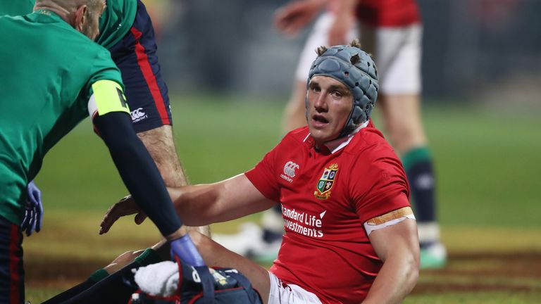 Jonathan Davies of the Lions receives treatment for a head injury during the 2017 British & Irish Lions tour match 