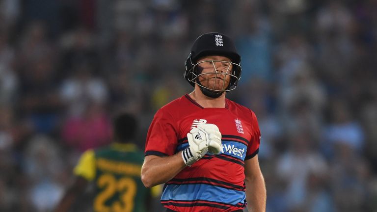 SOUTHAMPTON, ENGLAND - JUNE 21:  Jonny Bairstow of England celebrates after hitting the winning runs during the 1st NatWest T20 International match between