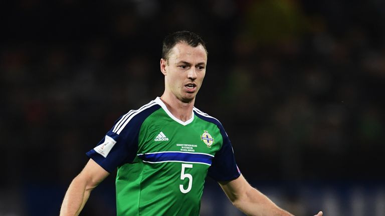 of Germany is challenged by of Northen Ireland during the FIFA 2018 World Cup Qualifier between Germany and Northern Ireland at HDI-Arena