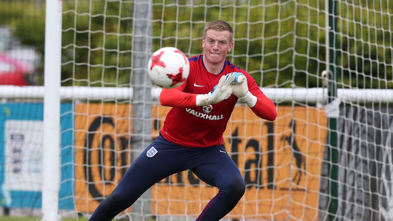 Jordan Pickford of England during a training session at St Georges Park on June 7, 2017