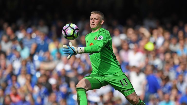 Jordan Pickford of Sunderland in action during the Premier League match between Chelsea and Sunderland at Stamford Bridge on May 