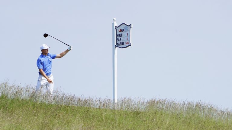 HARTFORD, WI - JUNE 12:  Jordan Spieth of the United States plays his shot from the fifth tee during a practice round prior to the 2017 U.S. Open at Erin H