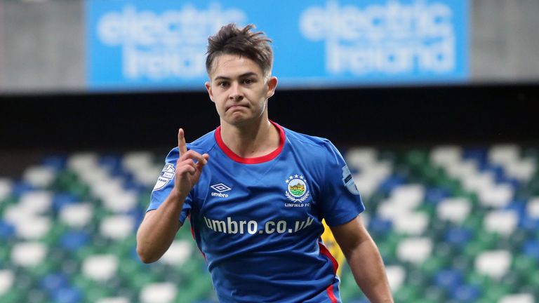 Linfield's Jordan Stewart celebrates scoring his side's first goal of the game during the UEFA Champions League Qualifying match at Windsor Park, Belfast. 