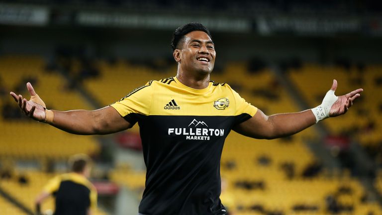 WELLINGTON, NEW ZEALAND - JUNE 09 2017:  Julian Savea of the Hurricanes warms up ahead of his 100th Super Rugby game during the round 16 Super Rugby