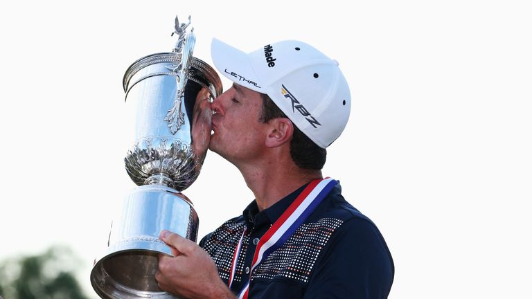 ARDMORE, PA - JUNE 16: Justin Rose of England kisses the U.S. Open trophy after winning the 113th U.S. Open at Merion Golf Club on June 16, 2013 in Ardmore