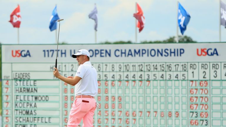HARTFORD, WI - JUNE 17:  Justin Thomas of the United States reacts after making an eagle on the 18th hole during the third round of the 2017 U.S. Open at E