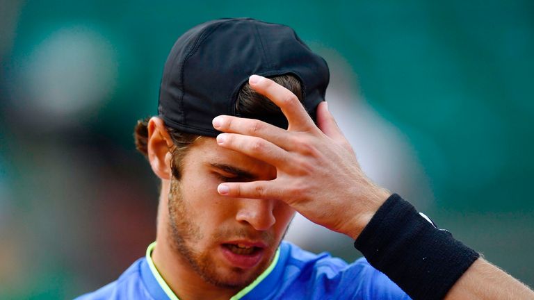 Russia's Karen Khachanov reacts after a point against Britain's Andy Murray during their tennis match at the Roland Garros 2017 French Open on June 5, 2017