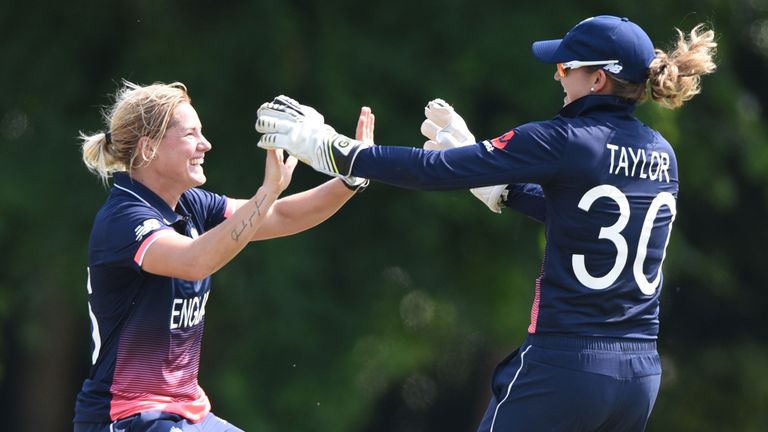Katherine Brunt and Sarah Taylor celebrate a Sri Lankan wicket