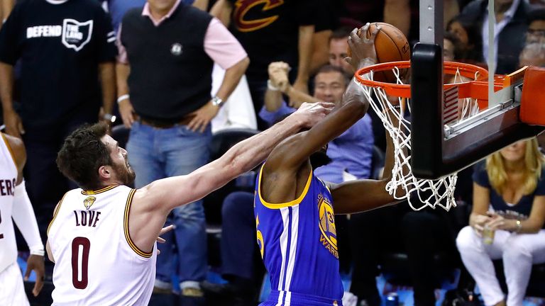 Kevin Love #0 of the Cleveland Cavaliers was flagged for this flagrant foul on Kevin Durant #35 of the Golden State Warriors
