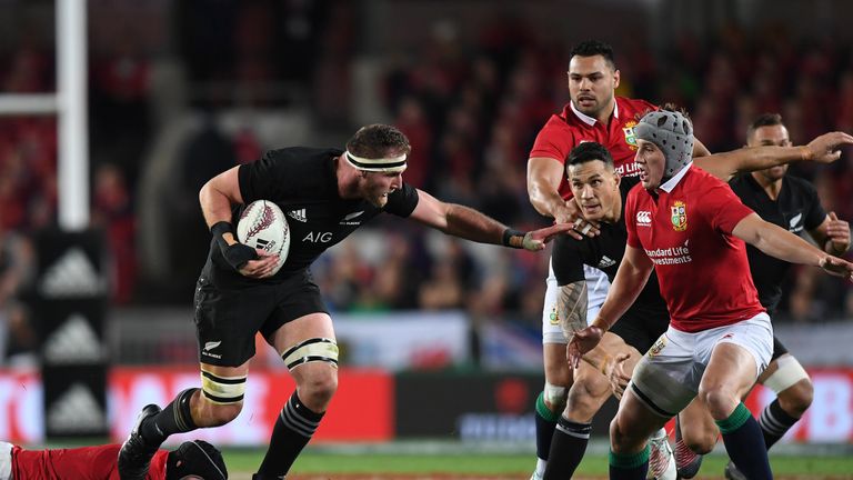 1st Test, Eden Park, Auckland, 24/6/2017.New Zealand All Blacks vs British & Irish Lions.All Blacks' Kieran Read with Jonathan Davies of the Lions.