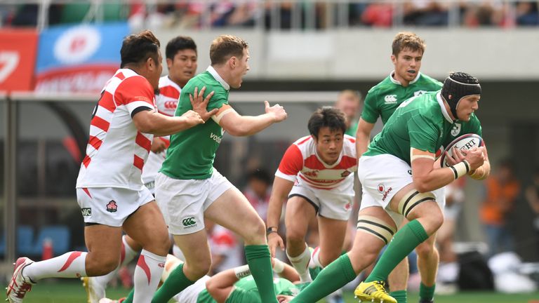 Kieran Treadwell of Ireland runs with the ball during the international rugby friendly match between Japan and Ireland