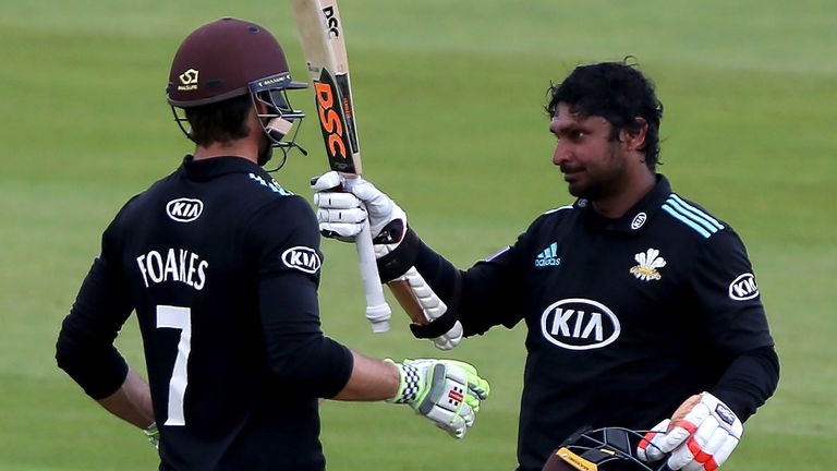 Kumar Sangakkara celebrates reaching his 100th hundred