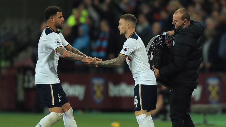 STRATFORD, ENGLAND - MAY 05:  Kieran Trippier of Tottenham Hotspur comes on as a second half substitue for Kyle Walker of Tottenham Hotspur during the Prem