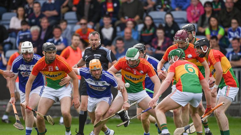 Players from both teams battle for possession during the GAA Hurling All-Ireland Senior Championship Preliminary Round match between Laois and Carlow