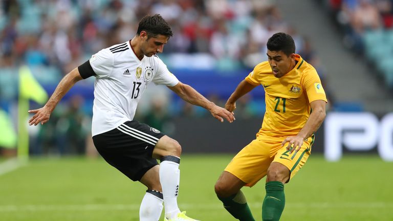 SOCHI, RUSSIA - JUNE 19: Lars Stindl of Germany and Massimo Luongo of Australia battle for possession during the FIFA Confederations Cup Russia 2017 Group 