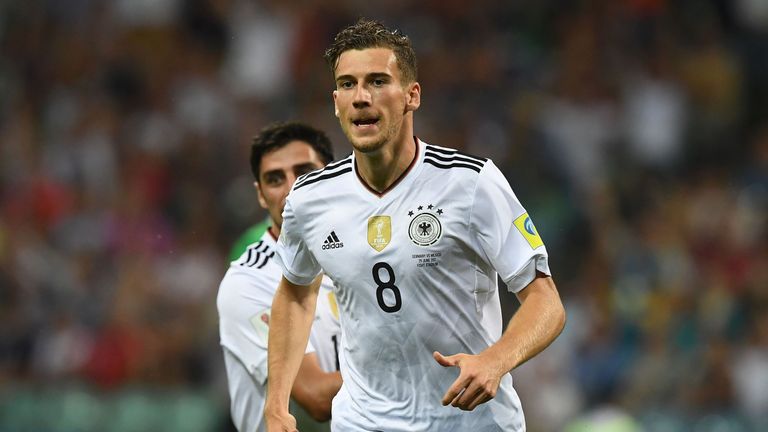 Germany's midfielder Leon Goretzka celerate after scoring during the 2017 Confederations Cup semi-final football match between Germany and Mexico at the Fi