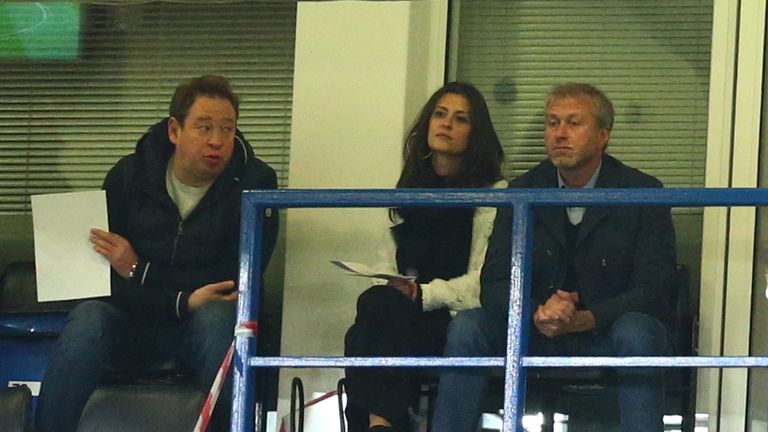 LONDON, ENGLAND - APRIL 26:  Roman Abramovic, Cheslea Chairman and former Football player and Coach, Leonid Slutsky (L) watch on during the FA Youth Cup Fi
