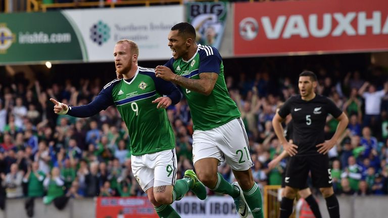 Liam Boyce (L) of Northern Ireland celebrates after scoring during the international friendly football match v New Zealand