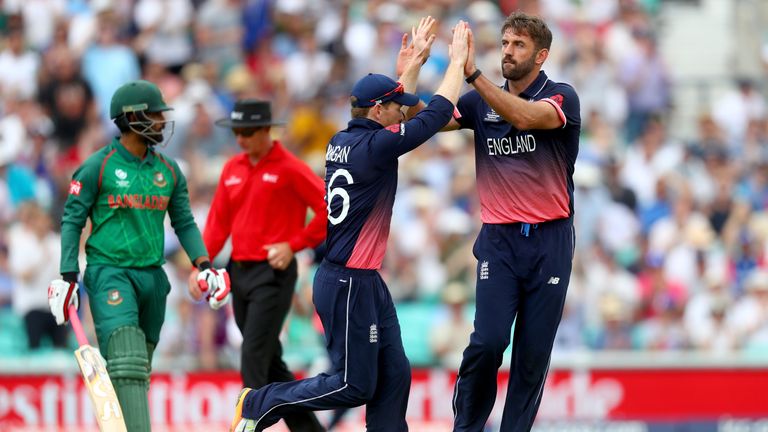 Liam Plunkett of England celebrates the wicket of Tamim Iqbal of Bangladesh during the ICC Champions Trophy